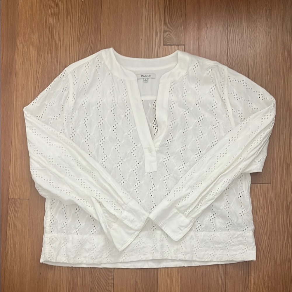Madewelll long sleeve white eyelet shirt blouse sz small